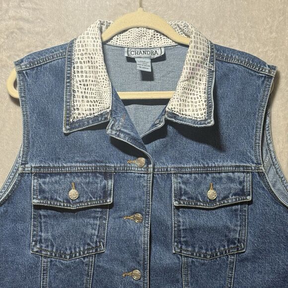 Chandra Denim Jean Vest Vintage Snake Skin Pattern Accent Women's Plus Size 22W - Picture 2 of 7